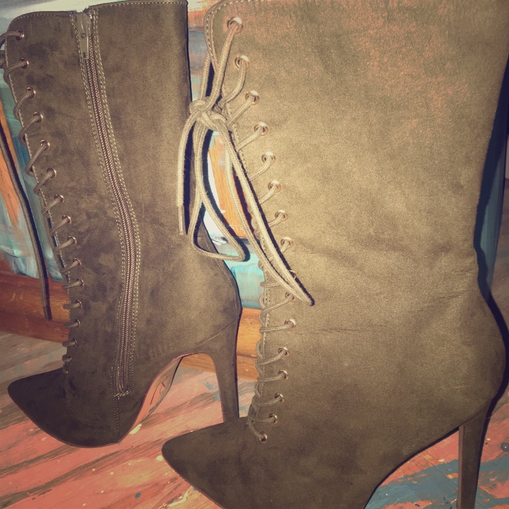 Army Green Lace Up Stiletto Booties